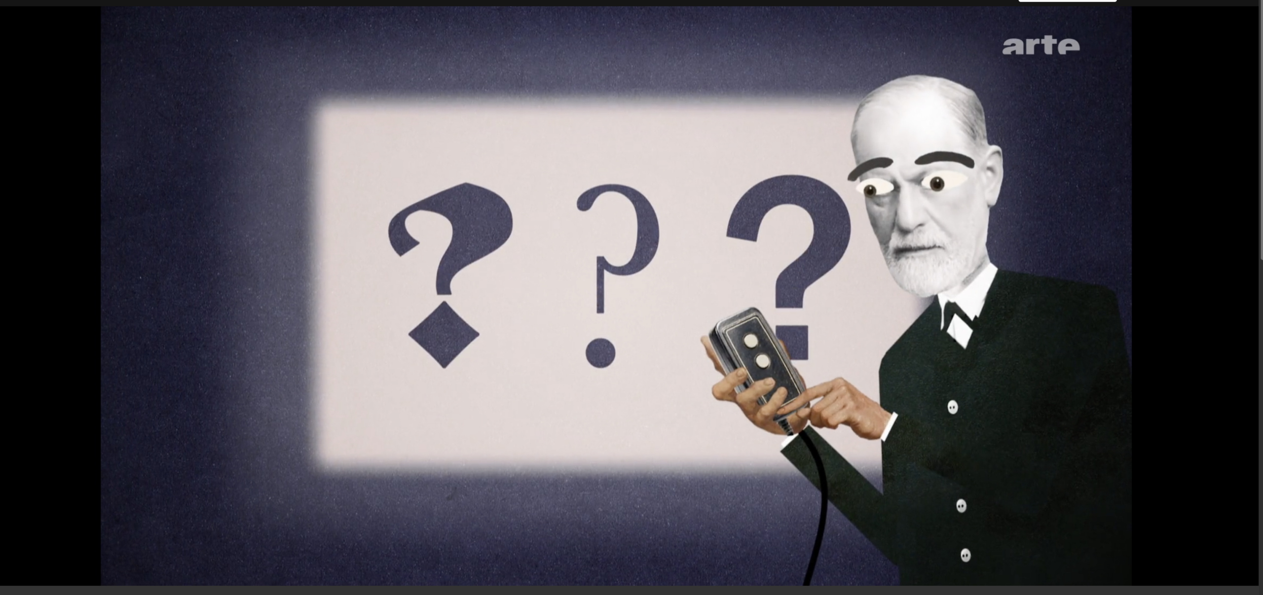 Hat Freud die Psychotherapie erfunden? Ein Comic Bild von Freud mit drei Fragezeichen daneben.